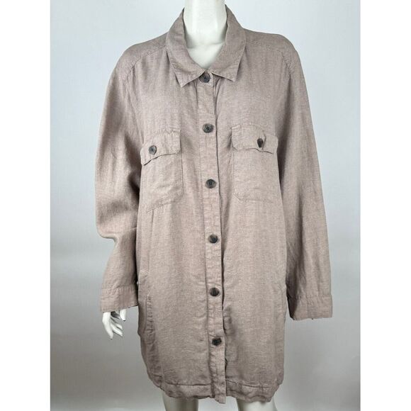 J Jill Heavy Linen Long Sleeve Jacket Women 4X Pockets Button up Collared Beige‎